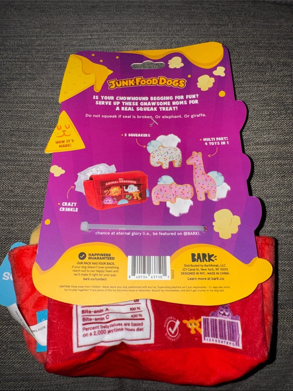 Bark Junk Food Dogs Animal Crackers Plush Dog Toy - Pink, White, Multicolor